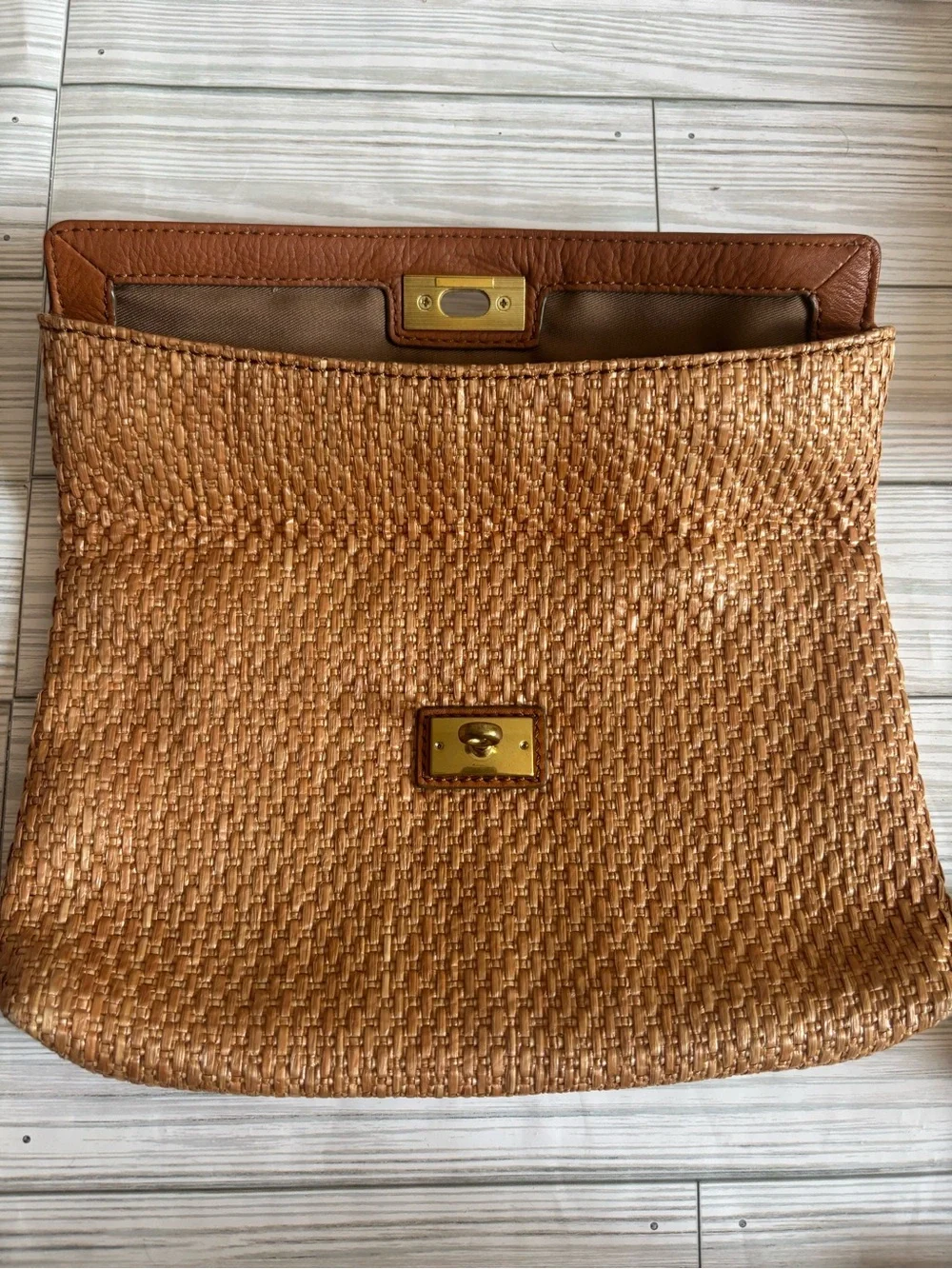 J. Crew Woven Straw Clutch with Tan Leather Trim and Turnlock Closure